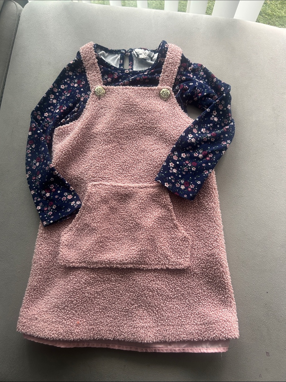 Rare Edition Pink Sherpa Pinafore Dress with Navy Floral Top size 5T